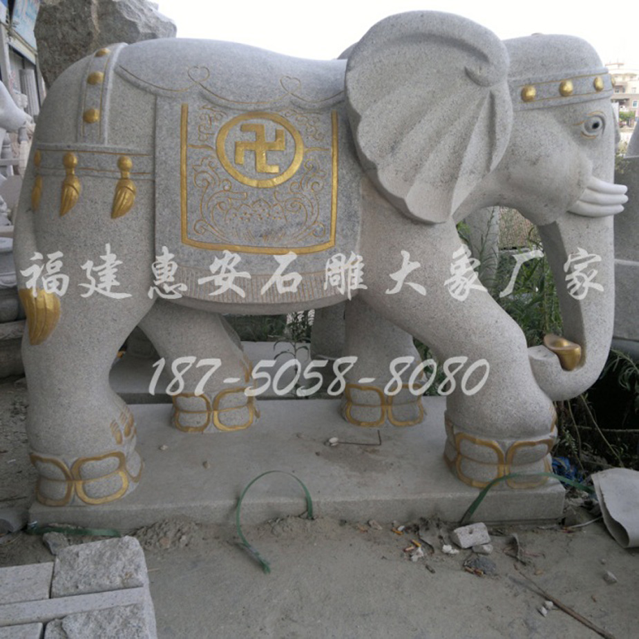 镶金卍字图形六牙石雕大象,佛教寺庙适用